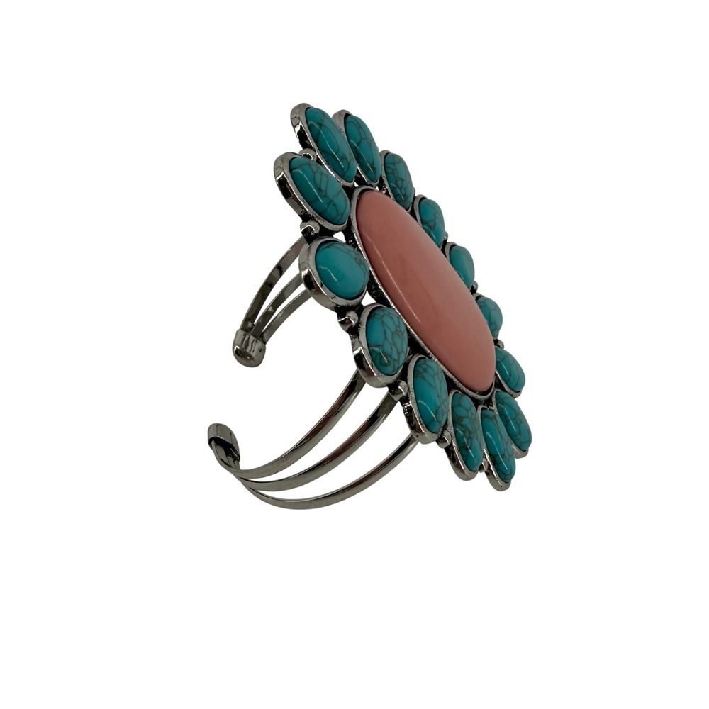 The Mirabelle Stone Concho Cuff Bracelet Silver Tone Pink Turquoise Southwestern - Picture 2 of 6